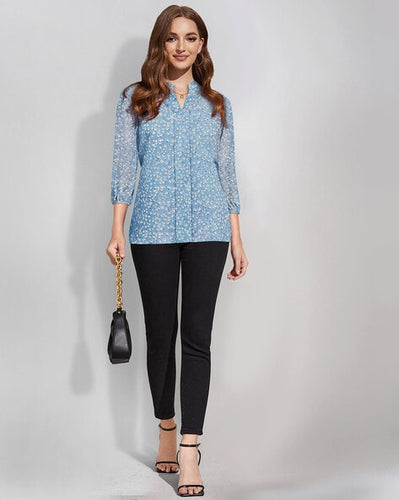 Floral Print V-Neck Top blue in color