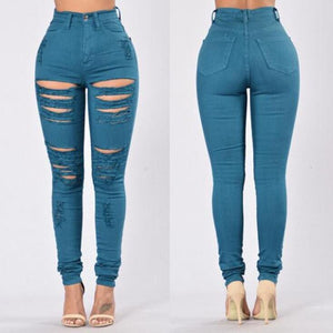 High Waist Pure Color Rips Slim Long Jeans