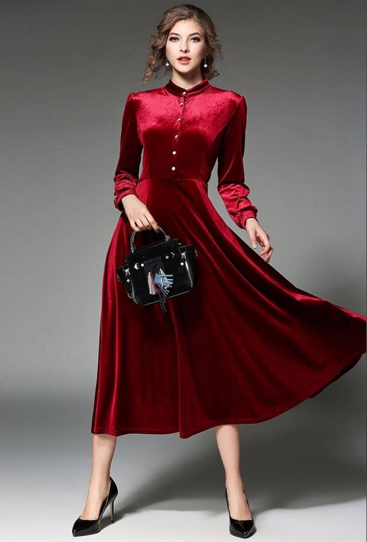 Women's Maroon Buttoned Midi A-Line Velvet Dress Women's Maroon Buttoned Midi A-Line Velvet Dress