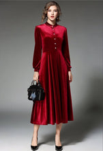 Women's Maroon Buttoned Midi A-Line Velvet Dress