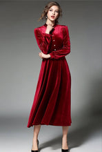 Women's Maroon Buttoned Midi A-Line Velvet Dress