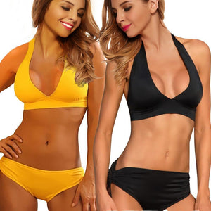 Bikini Swimwear Strappy Bra Top Brazilian Bottom Black/Yellow